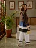 YEZWE Modest Co-Ord Set featuring a stylish brown and blue top with white pants for elegant comfort.