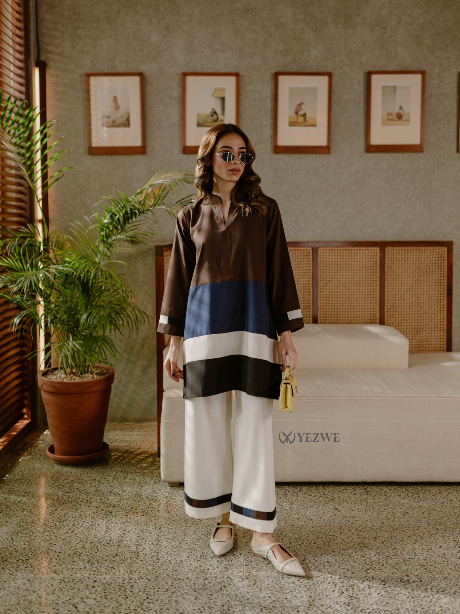 Stylish YEZWE Modest Co-Ord Set featuring a color-block top and wide-leg pants for trendy comfort