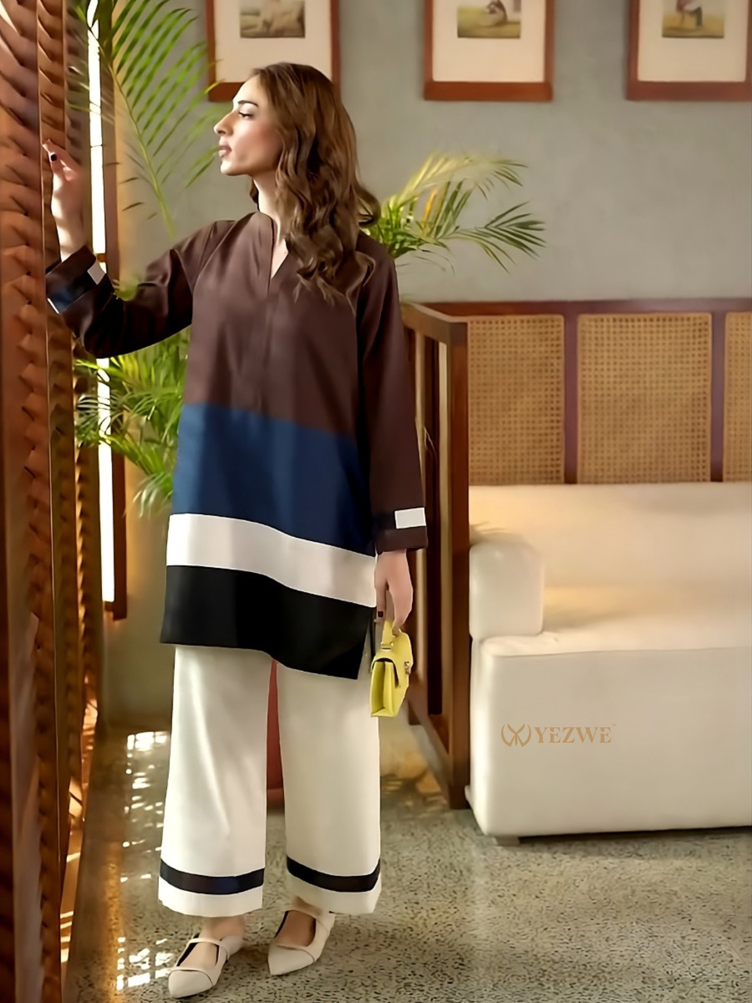 YEZWE Modest Co-Ord Set featuring a stylish top and wide-leg pants in contrasting colors