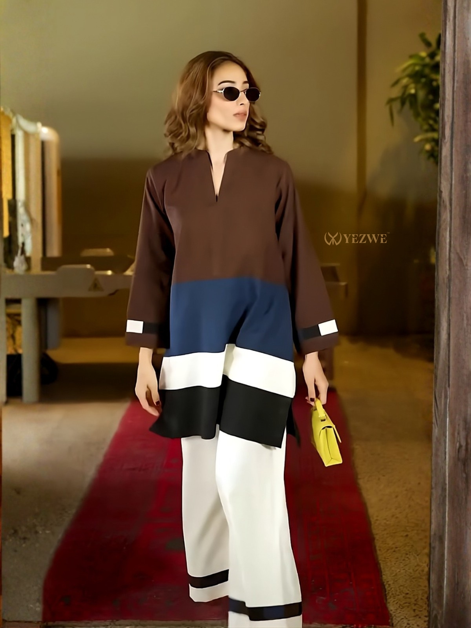 YEZWE Modest Co-Ord Set featuring a stylish brown and blue top with black and white pants