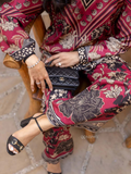 YEZWE Modest Co-Ord Set featuring floral print tunic with matching bottom in red and black tones