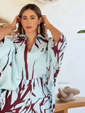 Yezwe Modest Co-Ord Set tunic with bottom featuring blue and maroon abstract pattern