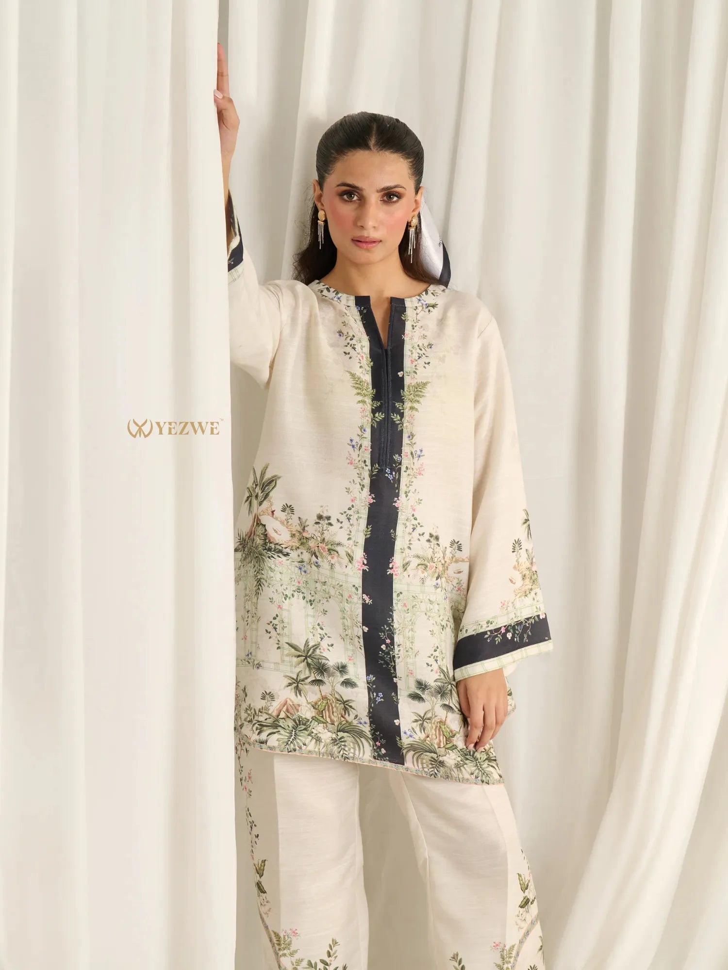 YEZWE modest Co Ord Set featuring a floral printed long tunic with matching loose pants