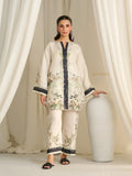 YEZWE modest Co Ord Set featuring a cream floral embroidered long top and matching pants with navy accents