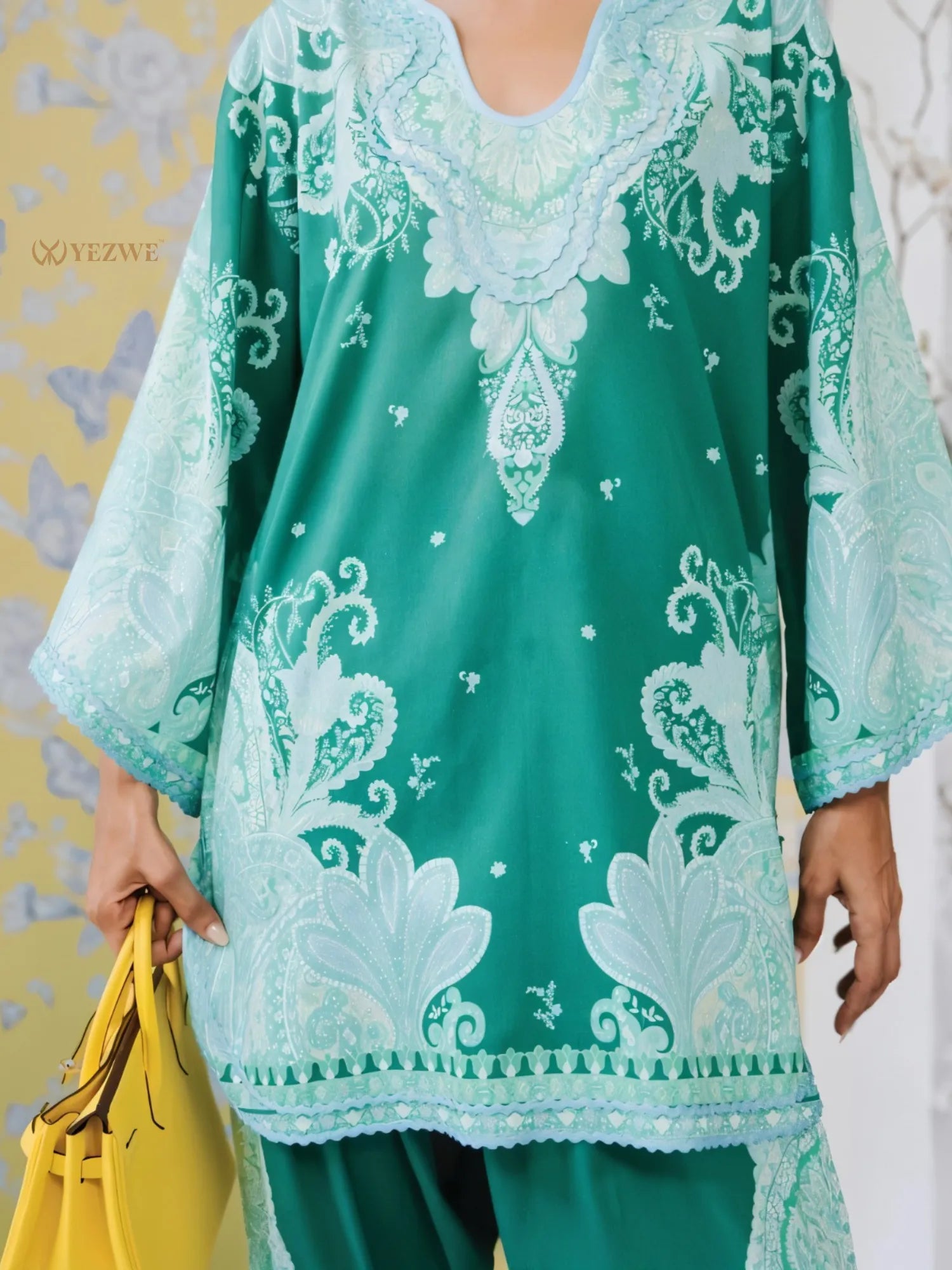 YEZWE Modest Co-Ord Set in teal with intricate floral designs for a stylish look