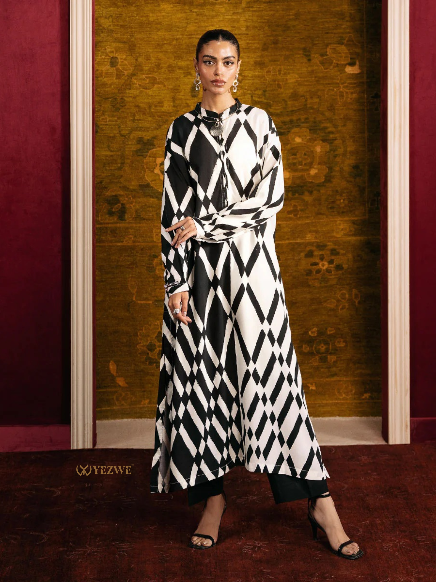 YEZWE black and white geometric patterned modest co ord set with long sleeves and ankle-length design