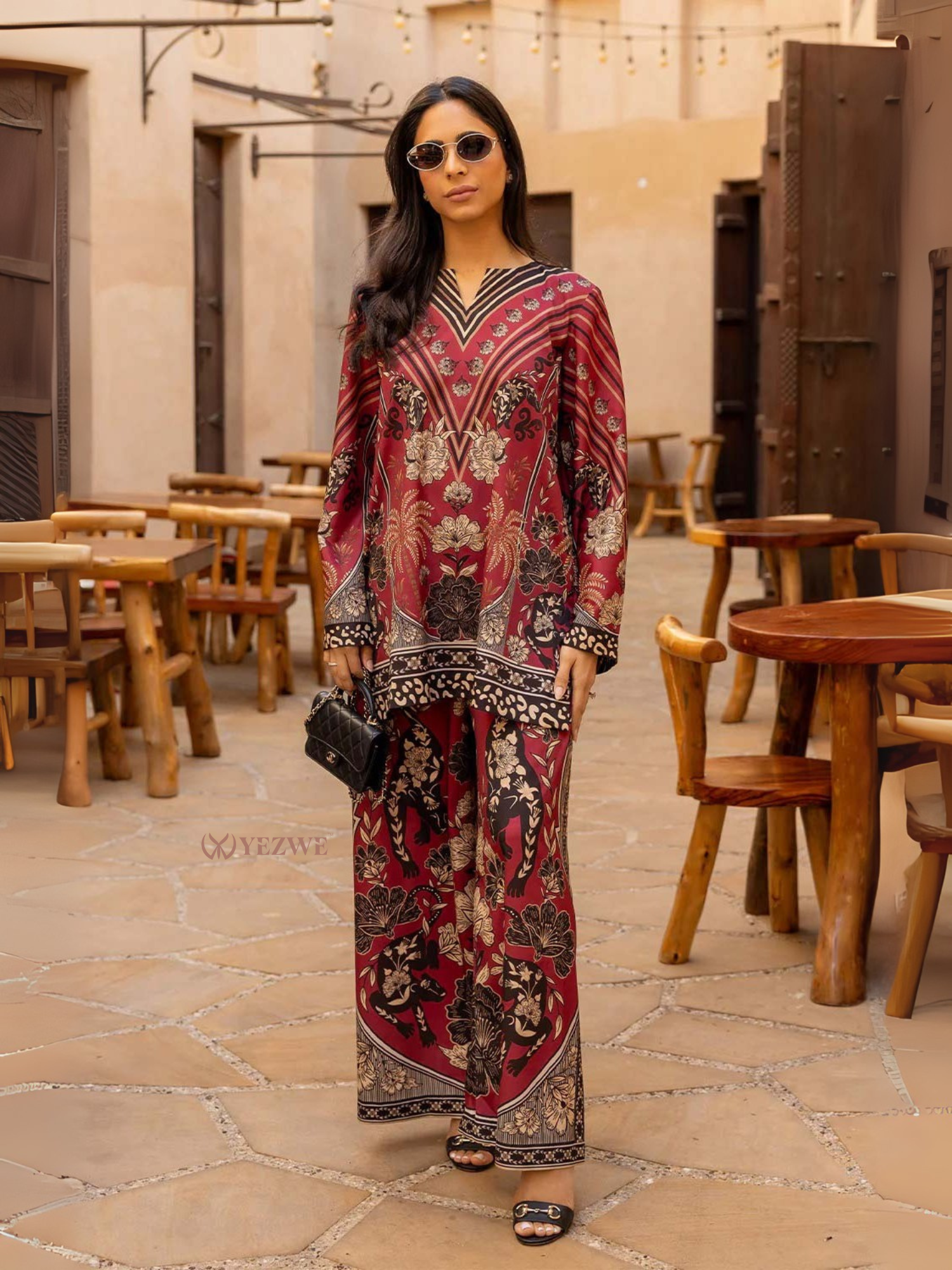 YEZWE Modest Co-Ord Set with floral print tunic and matching wide-leg bottom in red tones