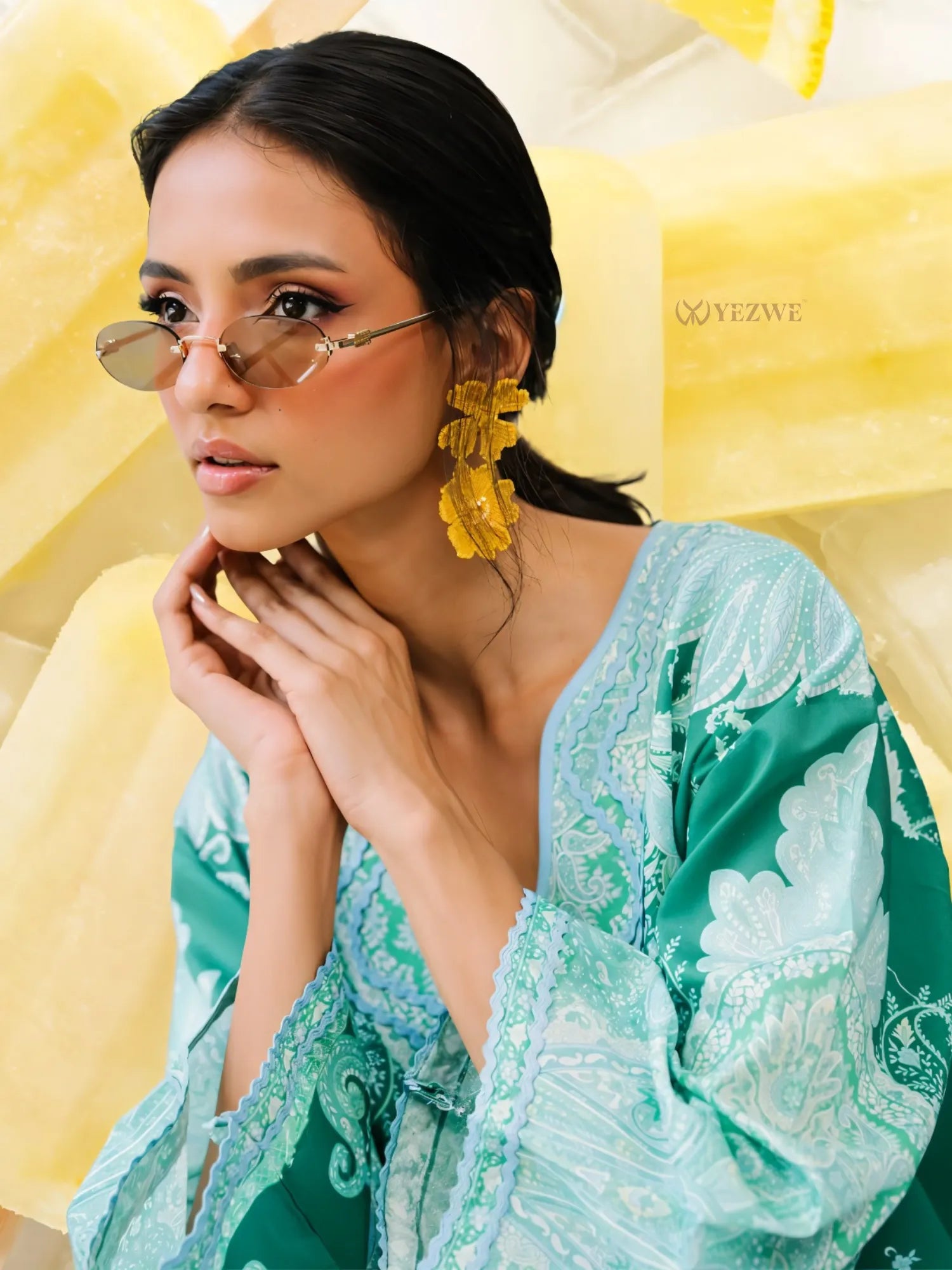 Stylish Modest Co-Ord Set by YEZWE featuring intricate patterns and vibrant colors