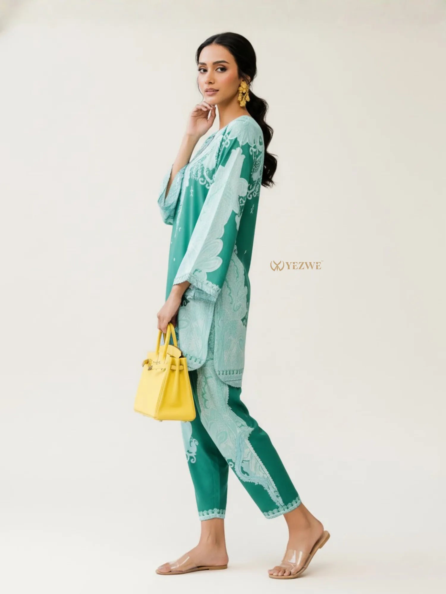 YEZWE Modest Co-Ord Set in vibrant green with elegant design, perfect for chic summer styling