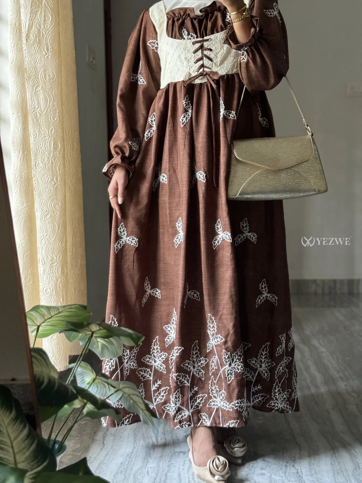 YEZWE Modest Coquette Maxi Dress in Brown with Floral Embroidery and Lace Detail