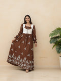 YEZWE Modest Coquette Maxi Dress in Brown with Floral Embroidery and Puff Sleeves