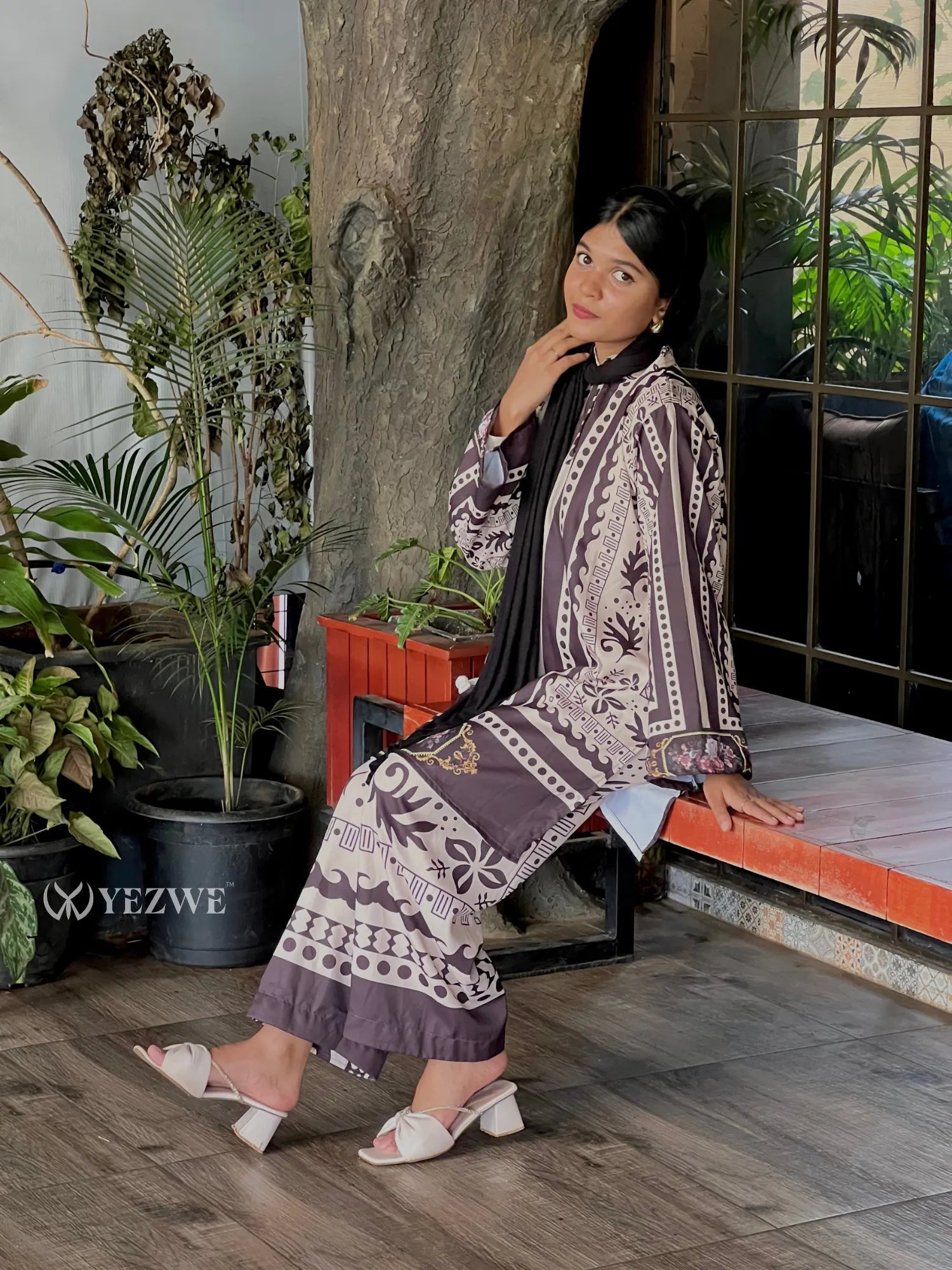 Modest ethnic co-ord set by YEZWE featuring patterned long jacket and matching wide-leg pants
