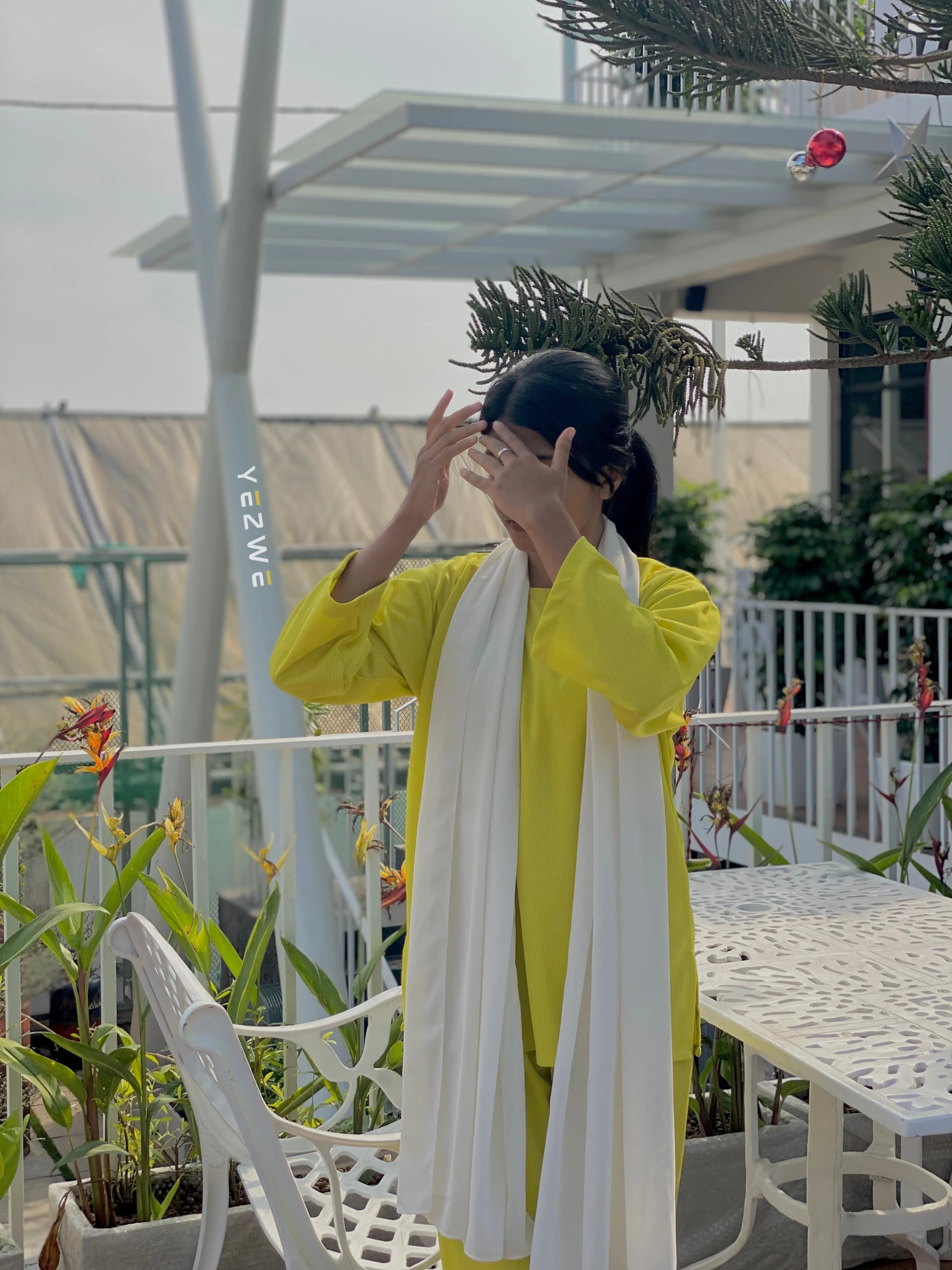 Yezwe Modest Fashion Co-ord Set in Bright Yellow with White Scarf and Relaxed Fit