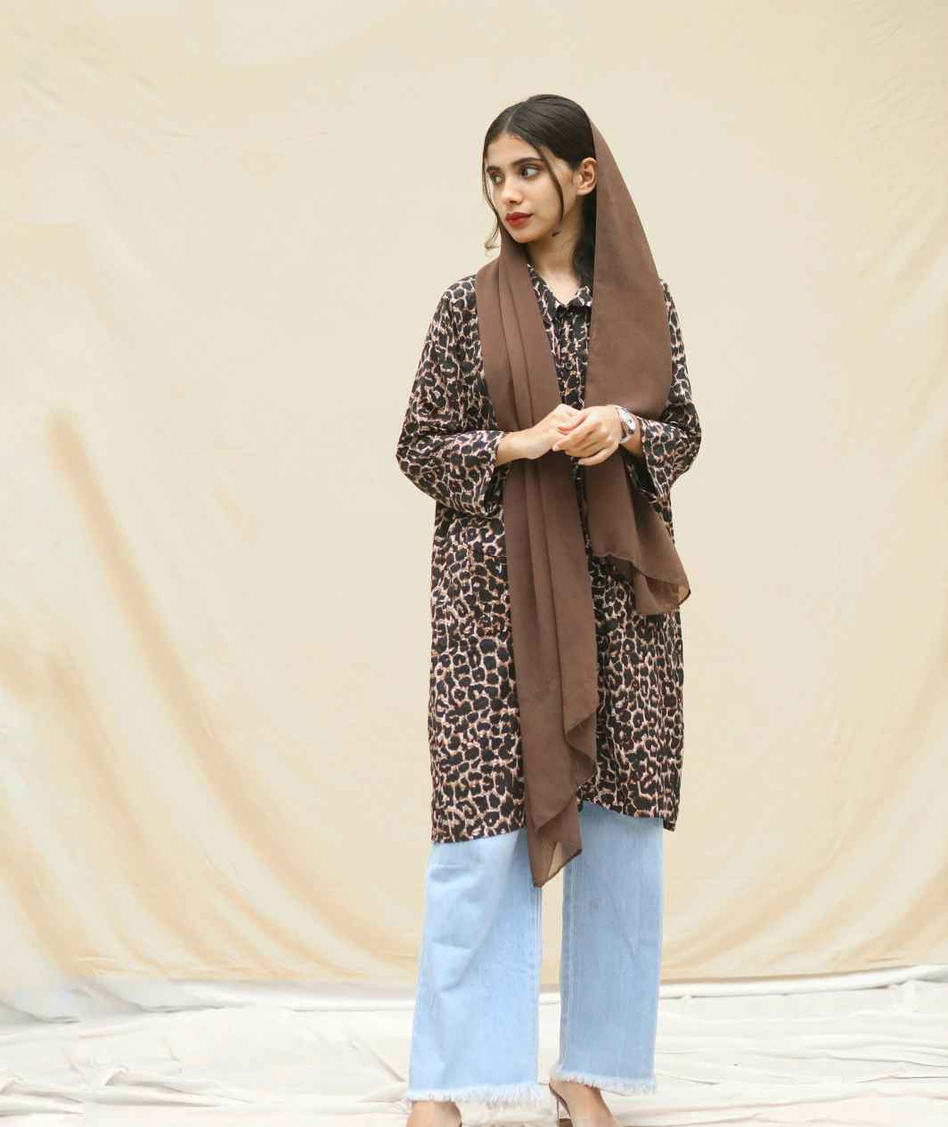 Yezwe Leopard Print Oversize Shirt - Front Open with 3/4th Sleeves