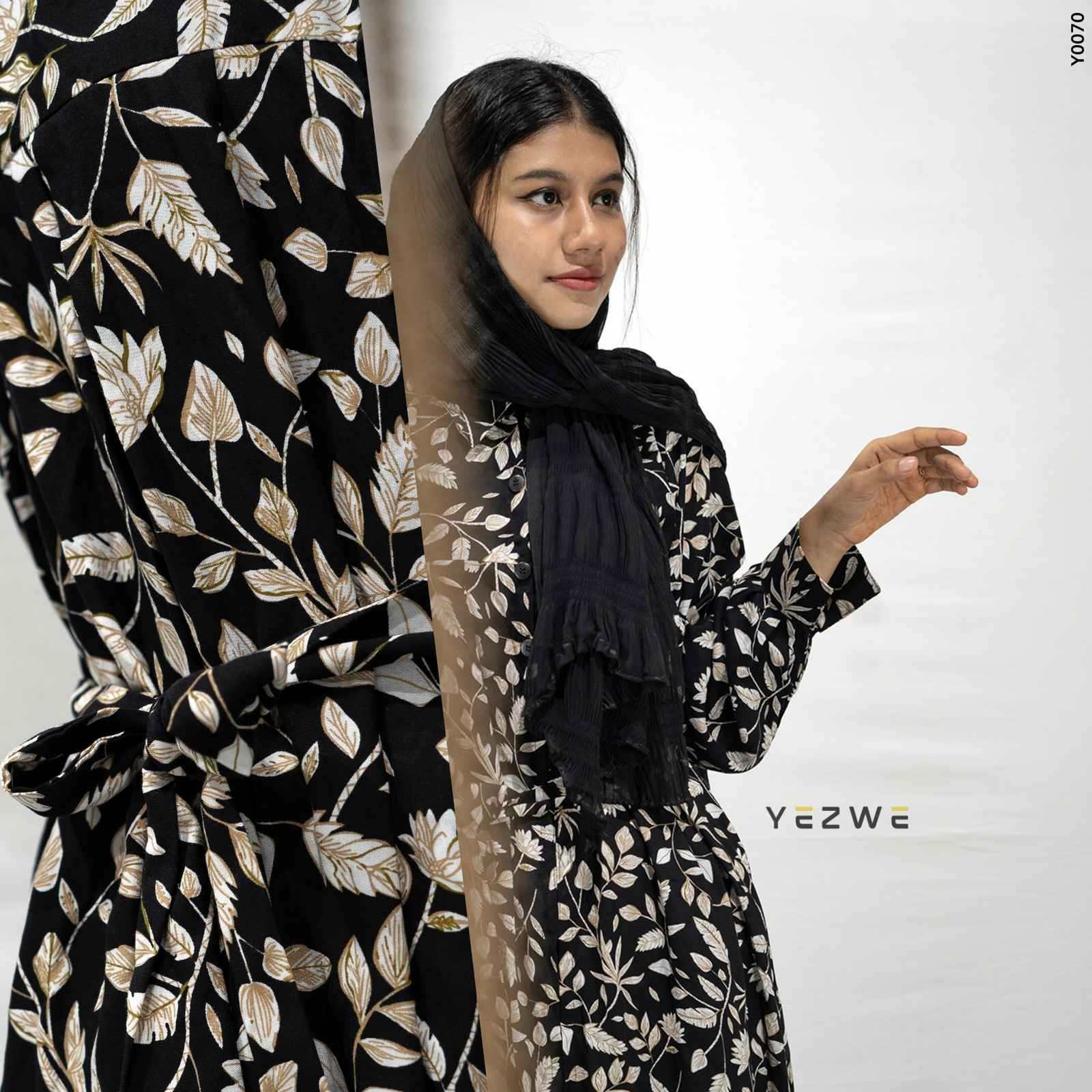 Yezwe modest floral maxi dress in black with elegant floral pattern and matching belt
