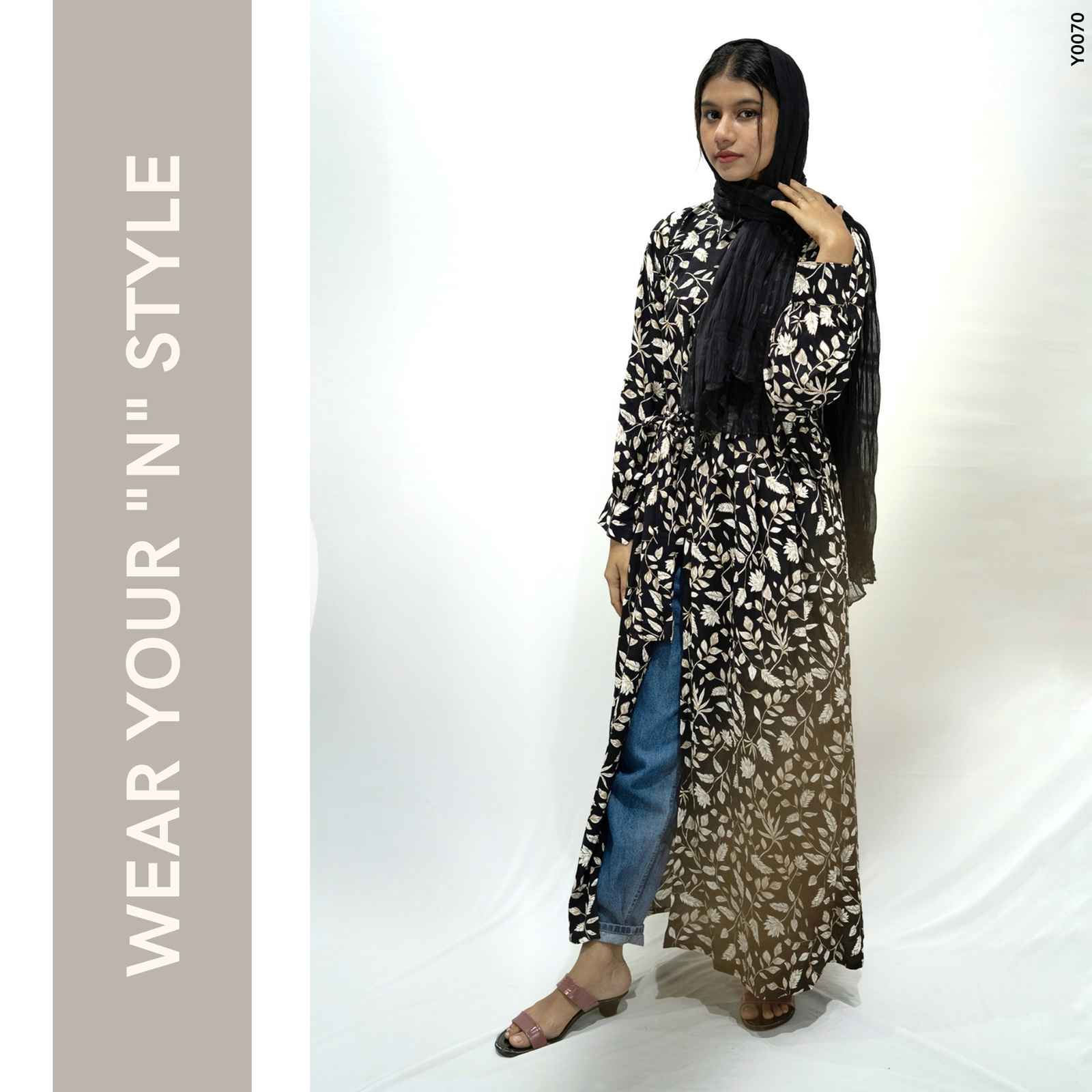 Yezwe modest floral maxi dress in black and white with long sleeves and a stylish design