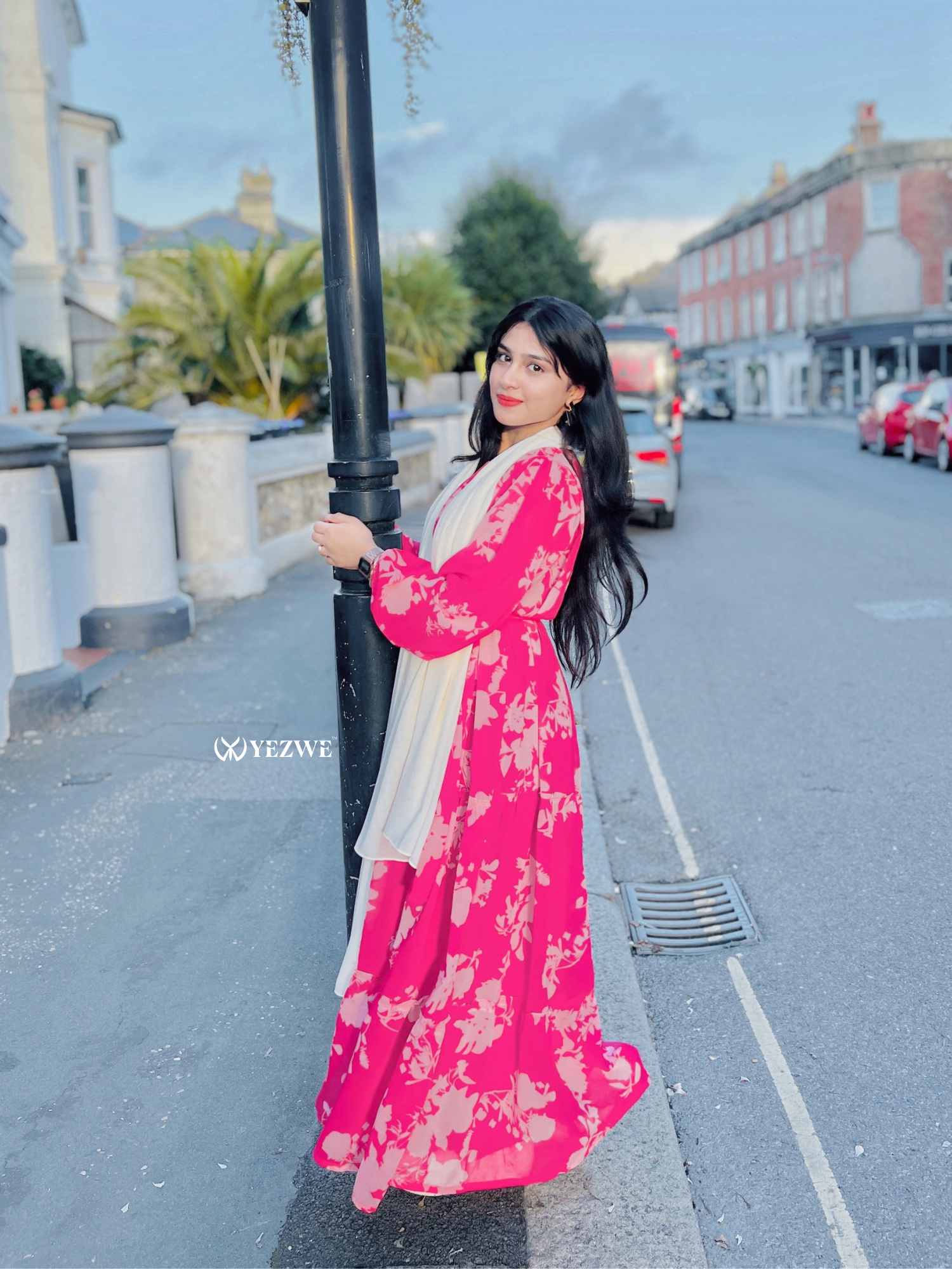 Yezwe modest floral maxi dress in vibrant pink with elegant floral patterns, perfect for any occasion