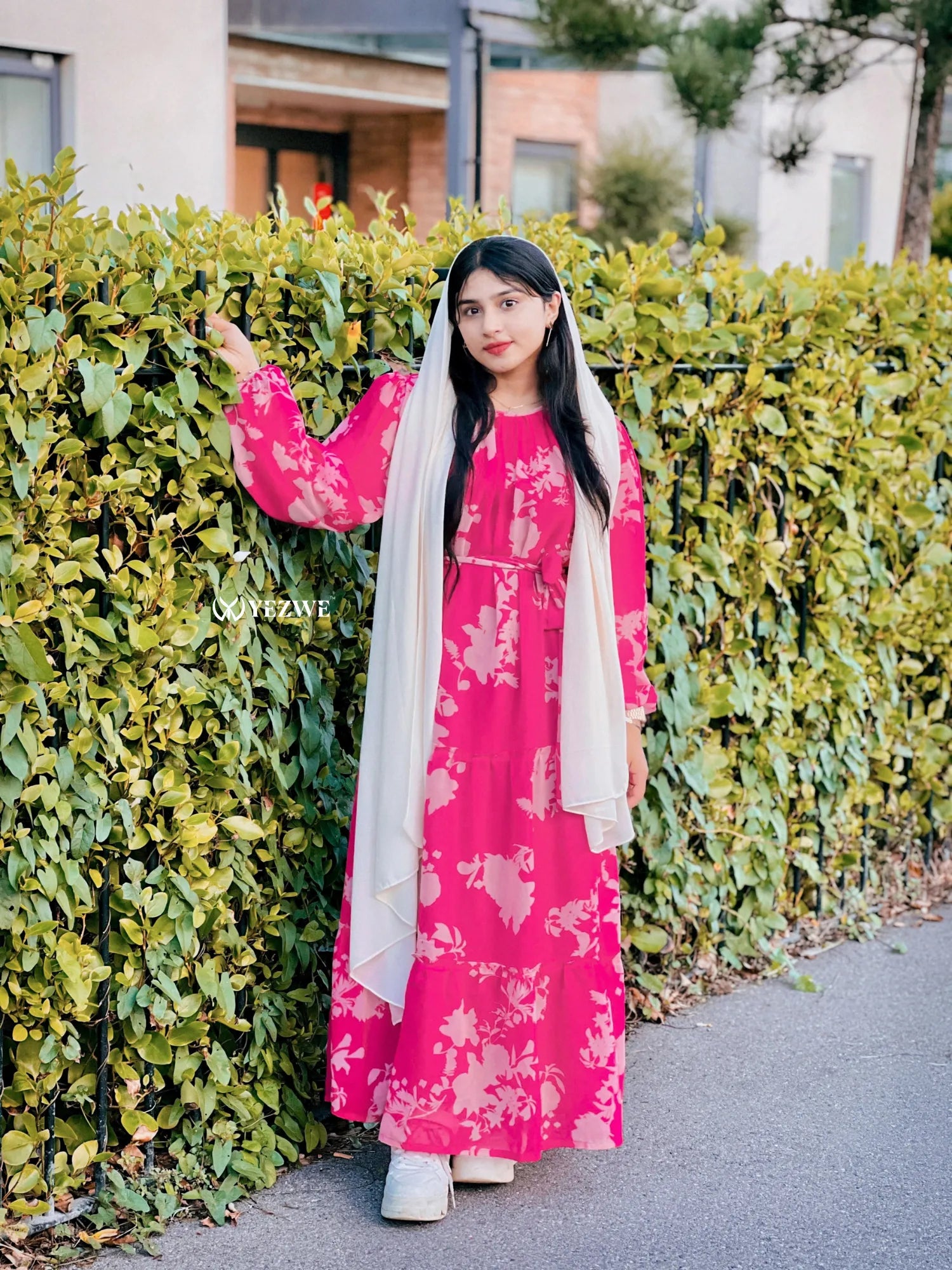 Yezwe modest floral maxi dress in pink with long sleeves and a flowy design
