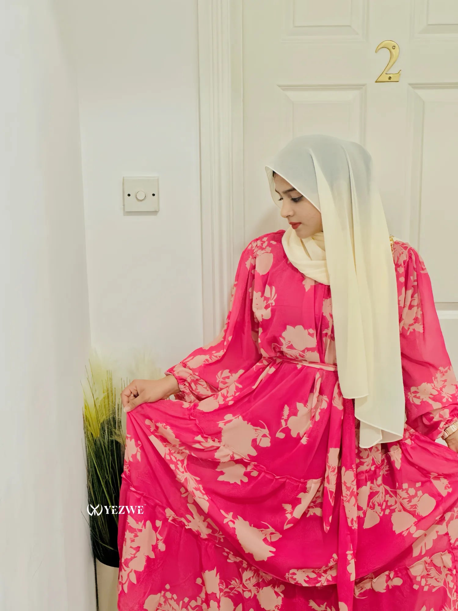 Yezwe modest floral maxi dress in pink with elegant flower patterns and long sleeves