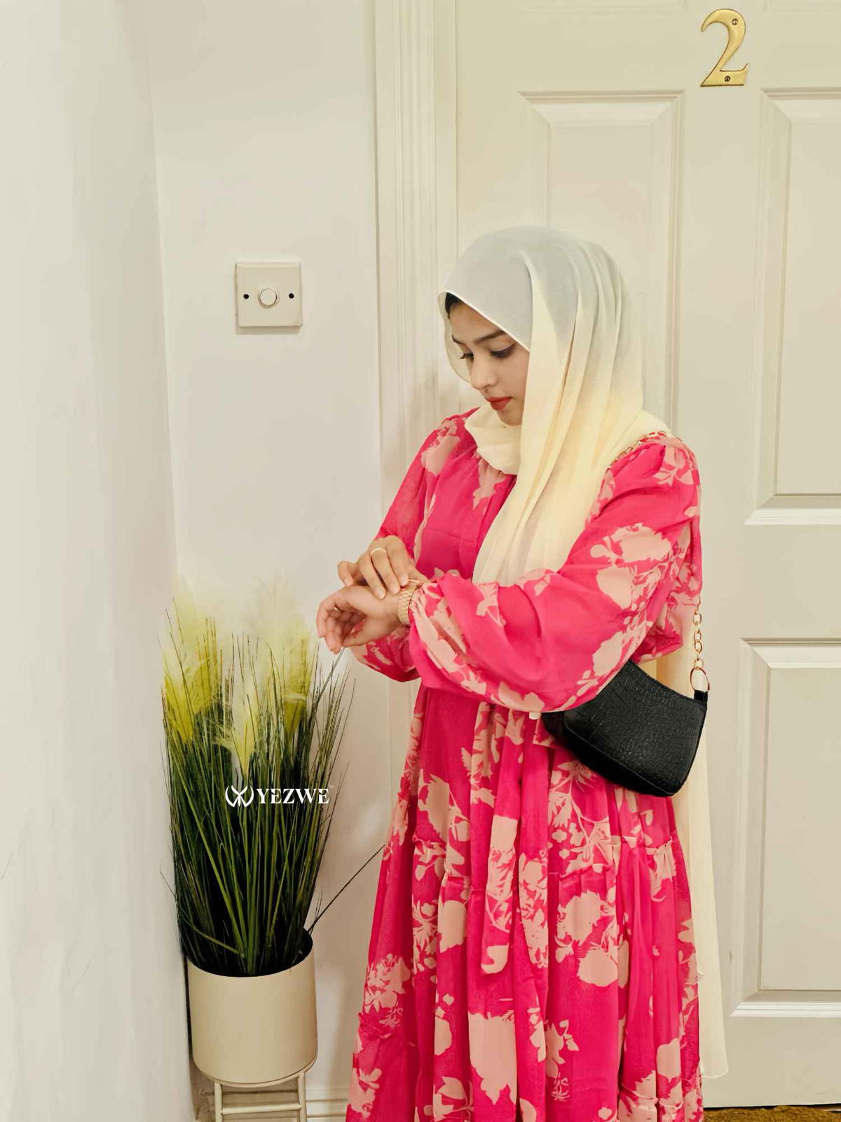 Yezwe modest floral maxi dress in pink with long sleeves, perfect for stylish and comfortable wear