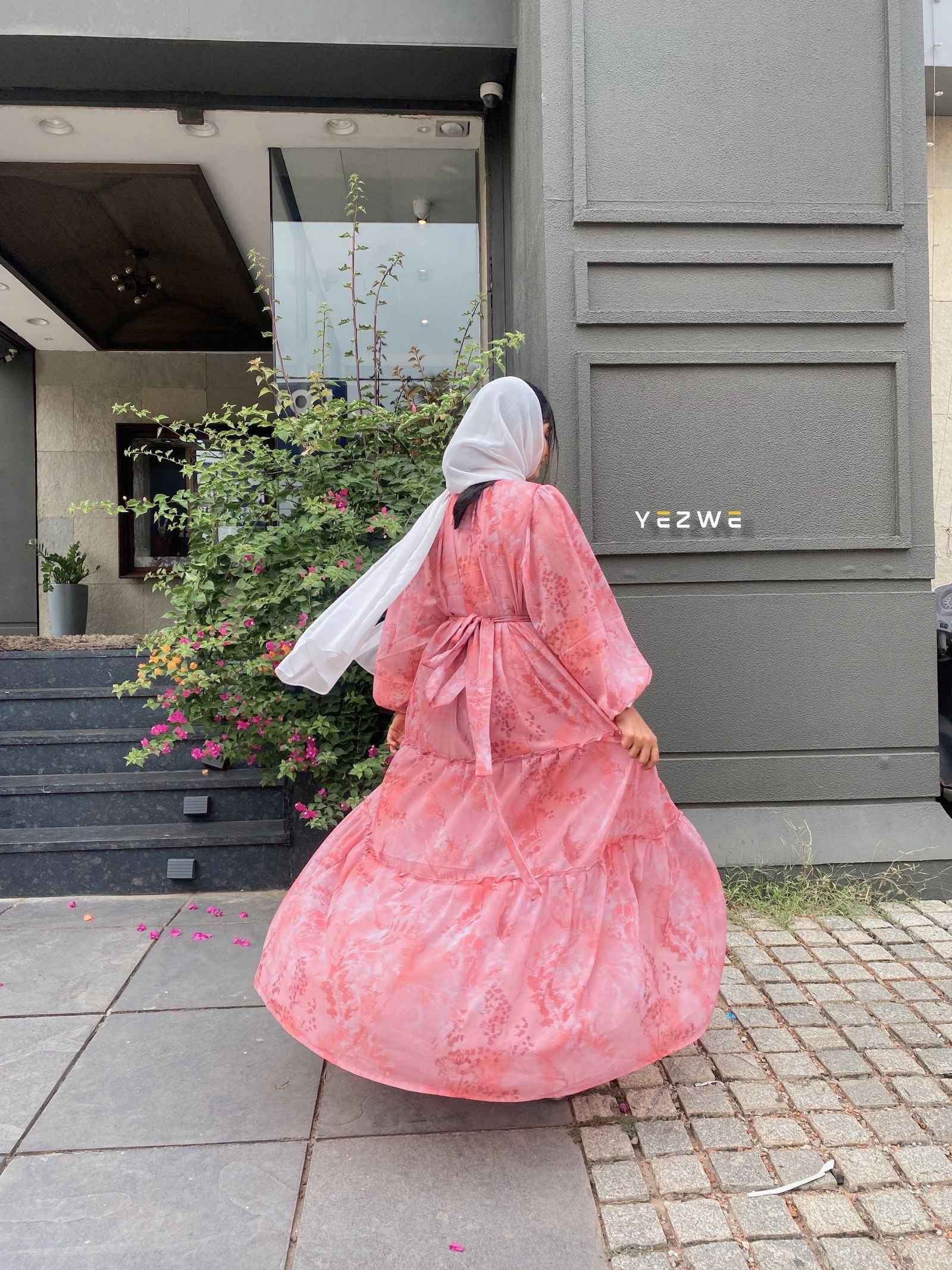Yezwe modest georgette dress in pink with a flowing design and tie-back detail