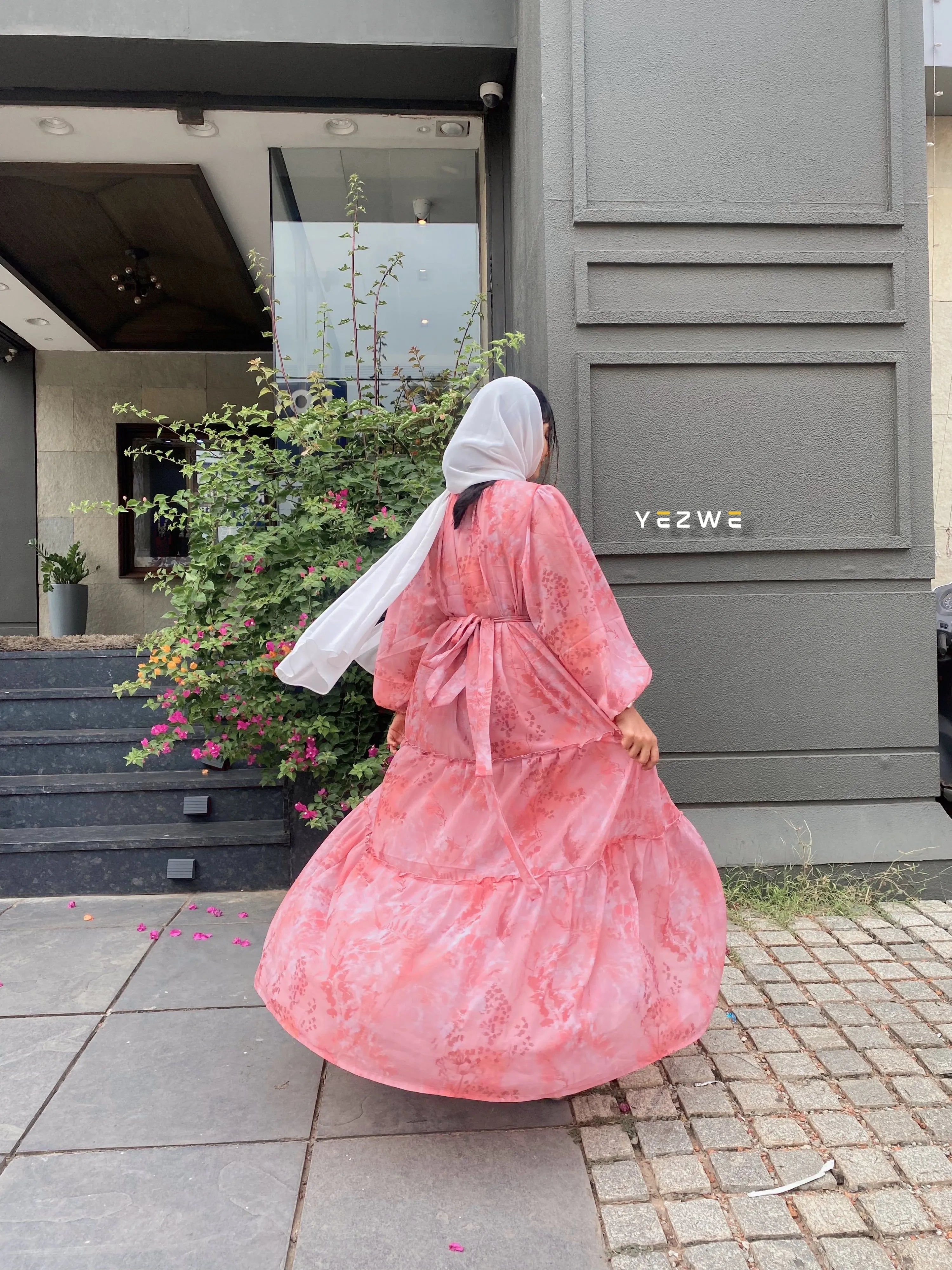 Yezwe Peach Pink Floral Georgette Maxi Dress with Lycra Lining - Modest Wear - YEZWE