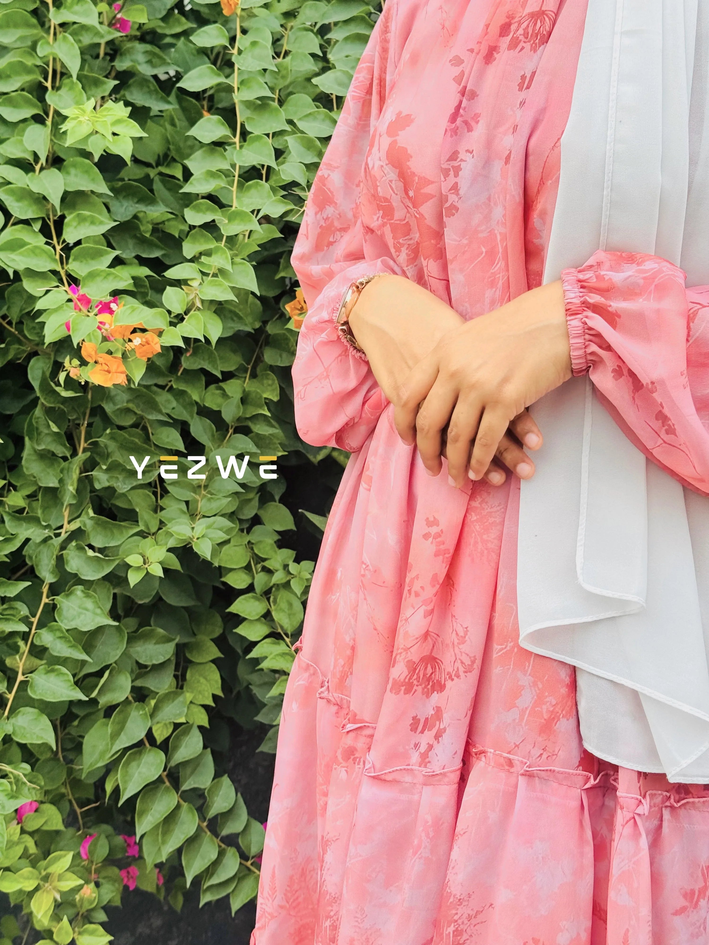 Yezwe Peach Pink Floral Georgette Maxi Dress with Lycra Lining - Modest Wear - YEZWE