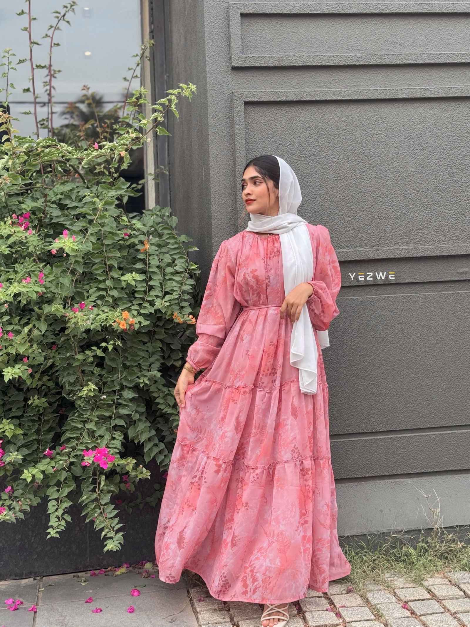 Yezwe modest georgette dress in pink with long sleeves and tiered design, perfect for elegant occasions