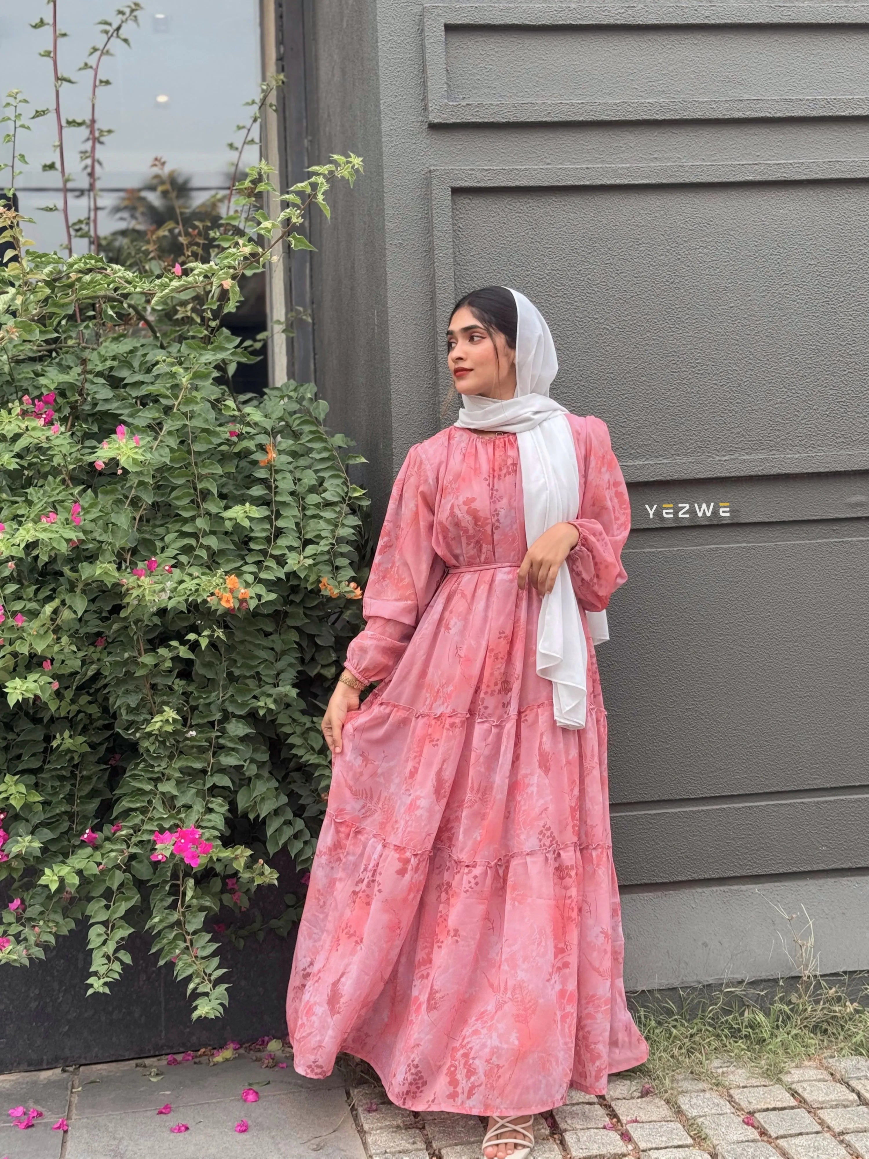 Yezwe Peach Pink Floral Georgette Maxi Dress with Lycra Lining - Modest Wear - YEZWE