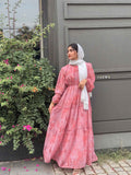 Yezwe modest georgette dress in pink with long sleeves and tiered design, perfect for elegant occasions