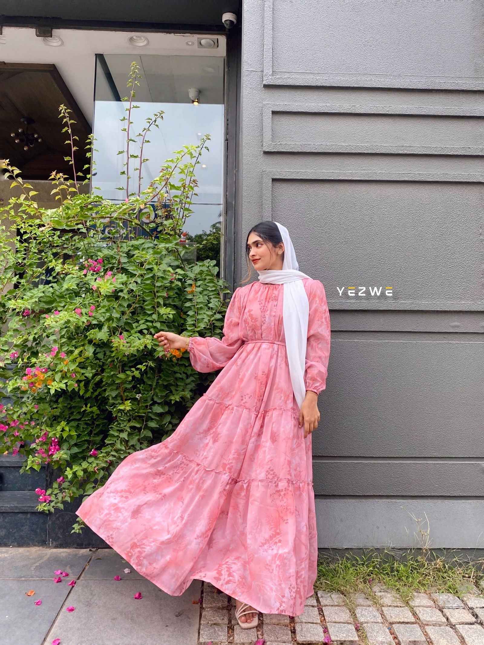 Yezwe Modest Georgette Dress in Pink with Long Sleeves and Tiered Design