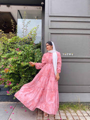 Yezwe Modest Georgette Dress in Pink with Long Sleeves and Tiered Design