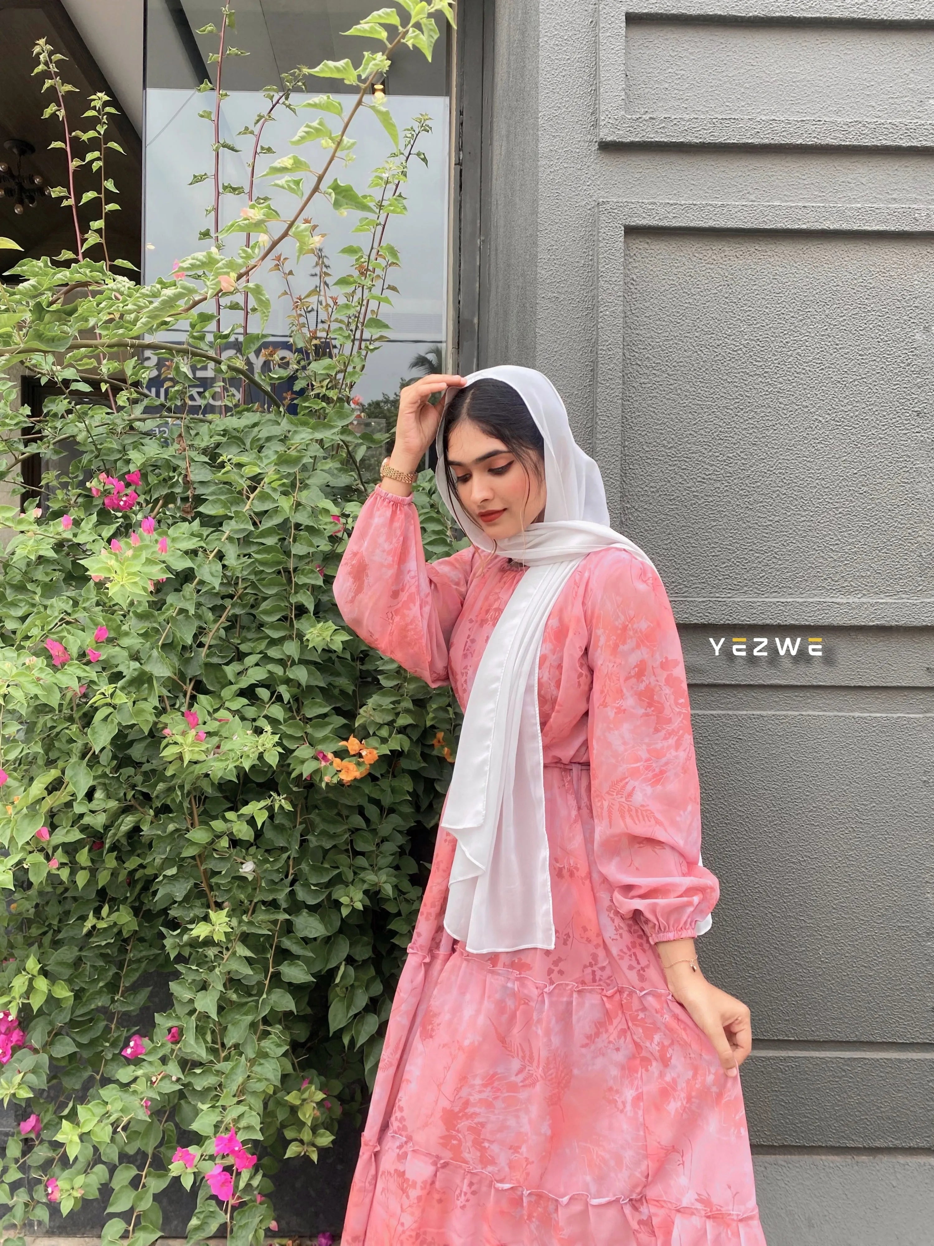 Yezwe Peach Pink Floral Georgette Maxi Dress with Lycra Lining - Modest Wear - YEZWE