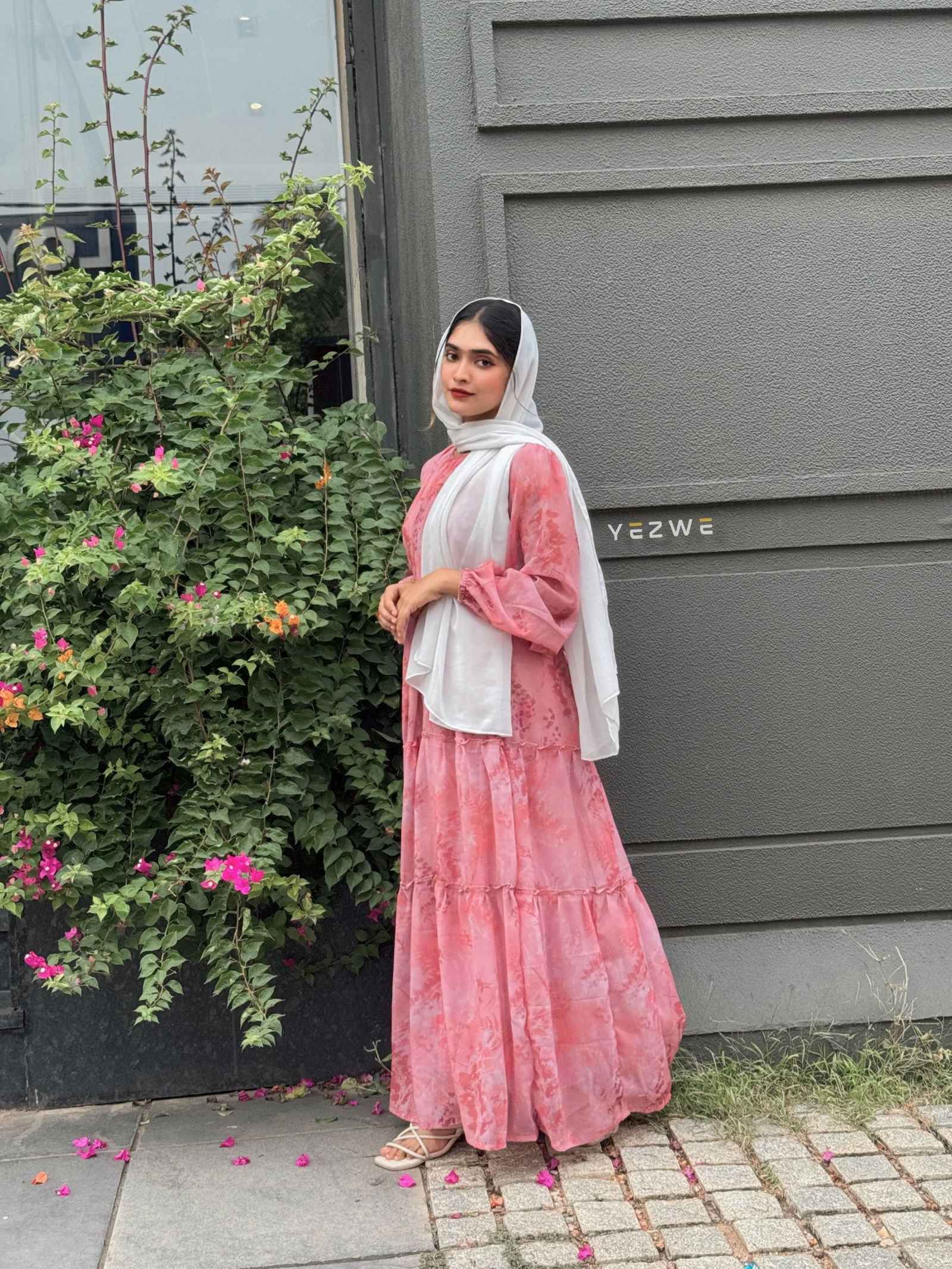Yezwe modest georgette dress in pink with elegant layers and long sleeves for a stylish look