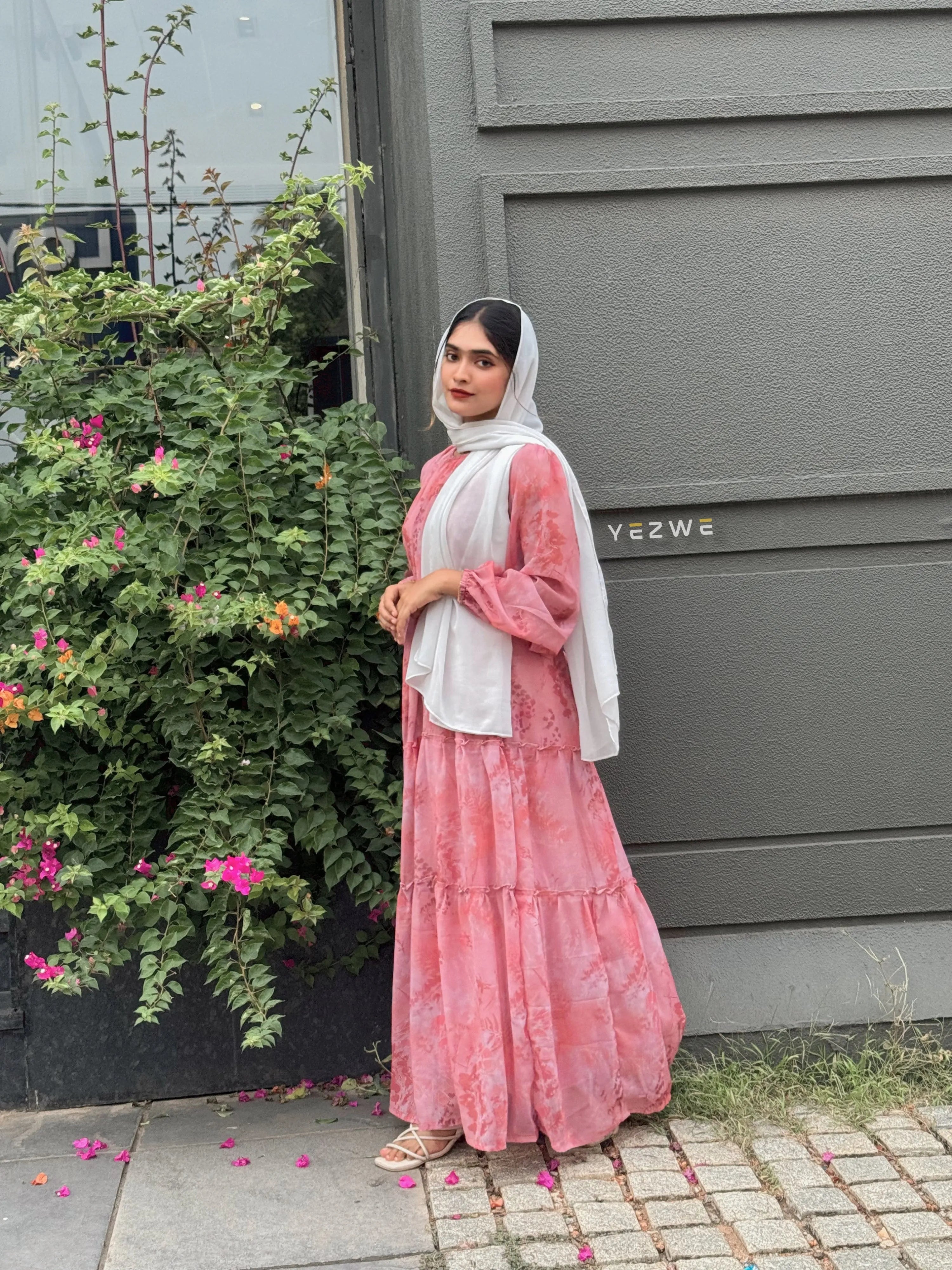 Yezwe Peach Pink Floral Georgette Maxi Dress with Lycra Lining - Modest Wear - YEZWE