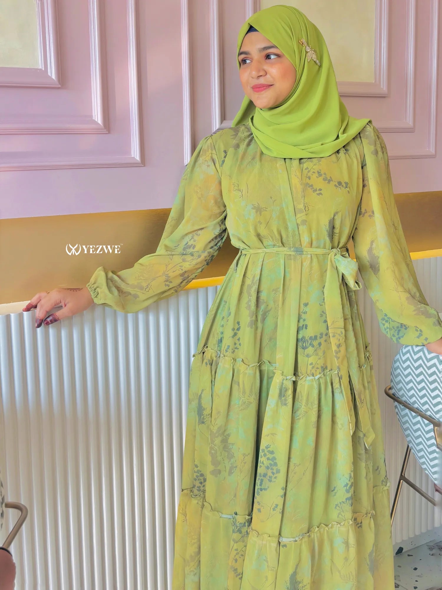 Modest green floral maxi dress by Yezwe featuring a flowing design and elegant tie waist
