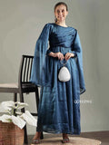 Yezwe Blue Long Flared Party Gown | Modest Wear with Angel Sleeves