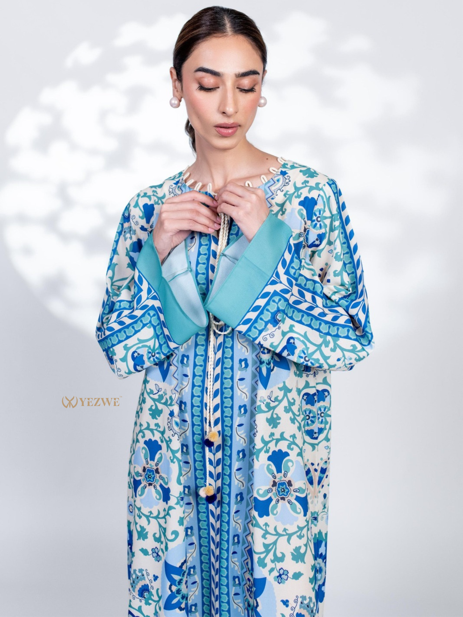 YEZWE Modest Jalabiya Dress in Blue and Green Floral Pattern with Elegant Details