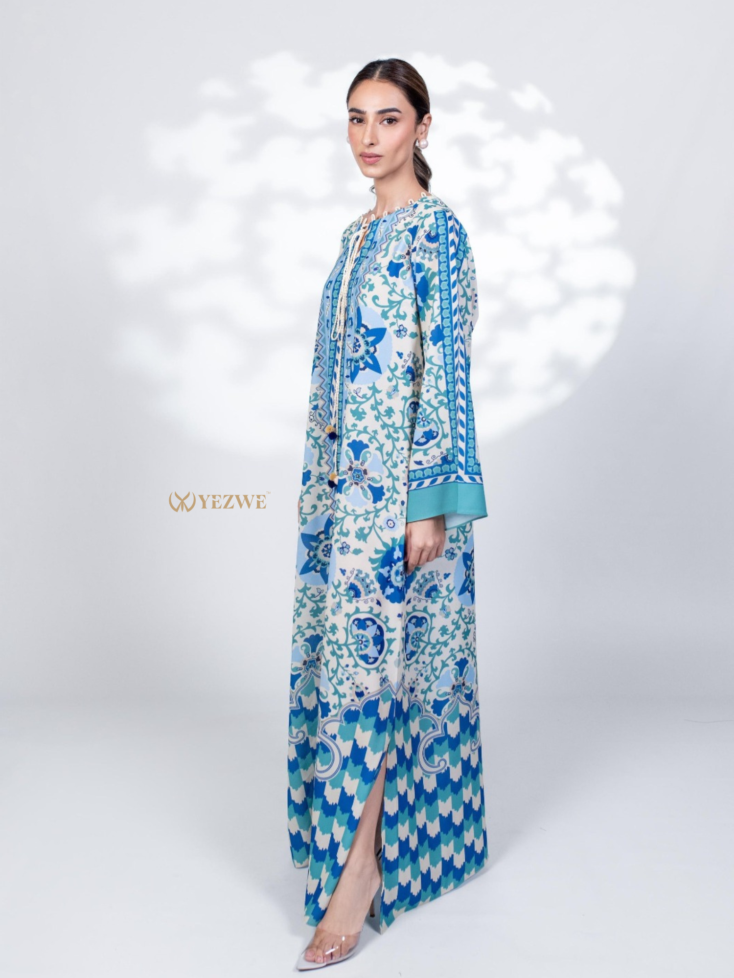 YEZWE Modest Jalabiya Maxi Dress with colorful floral and geometric patterns in blue and white