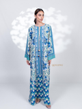 YEZWE Modest Jalabiya Maxi Dress in Blue and White Floral Pattern with Elegant Design
