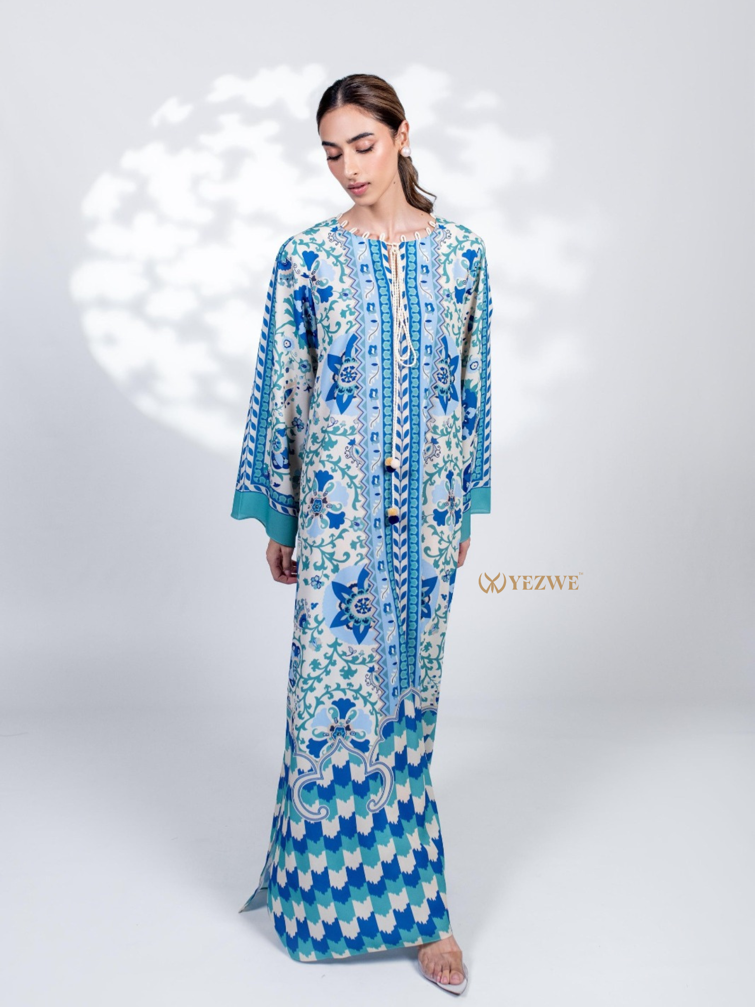 YEZWE Modest Jalabiya Maxi Dress in Blue with Intricate Floral and Geometric Patterns
