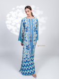 YEZWE Modest Jalabiya Maxi Dress in Blue with Intricate Floral and Geometric Patterns