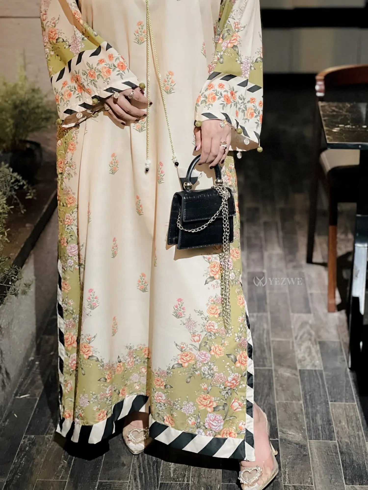 Elegant Modest Jalabiya Maxi Dress by YEZWE with floral design and comfortable fit