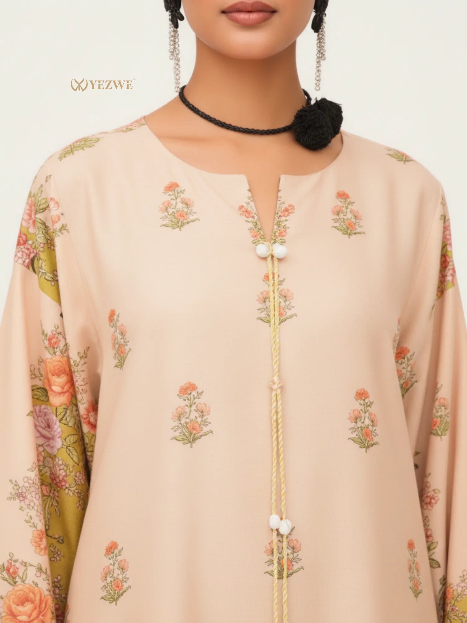 YEZWE Modest Jalabiya Maxi Dress with Floral Print and Beaded Neckline Detail