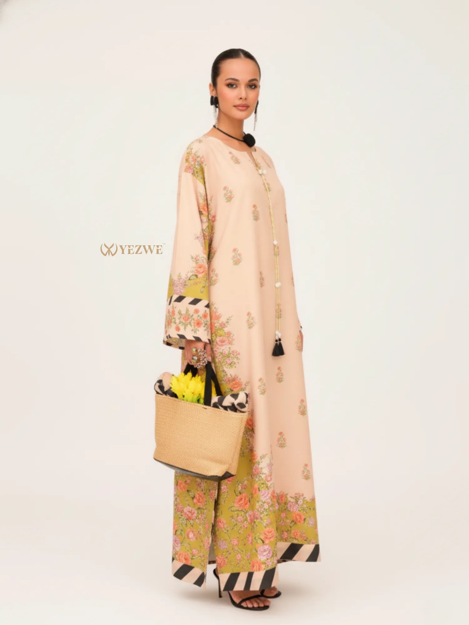 YEZWE Modest Jalabiya Maxi Dress in Pink Floral Design, Perfect for Elegant Summer Occasions