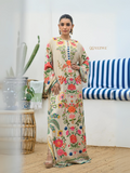 YEZWE Modest Kaftan Dress beige floral maxi dress with long sleeves and side slits worn by model