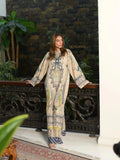 Yezwe Modest Kaftan Dress in cream with blue paisley and geometric print long sleeves floor length