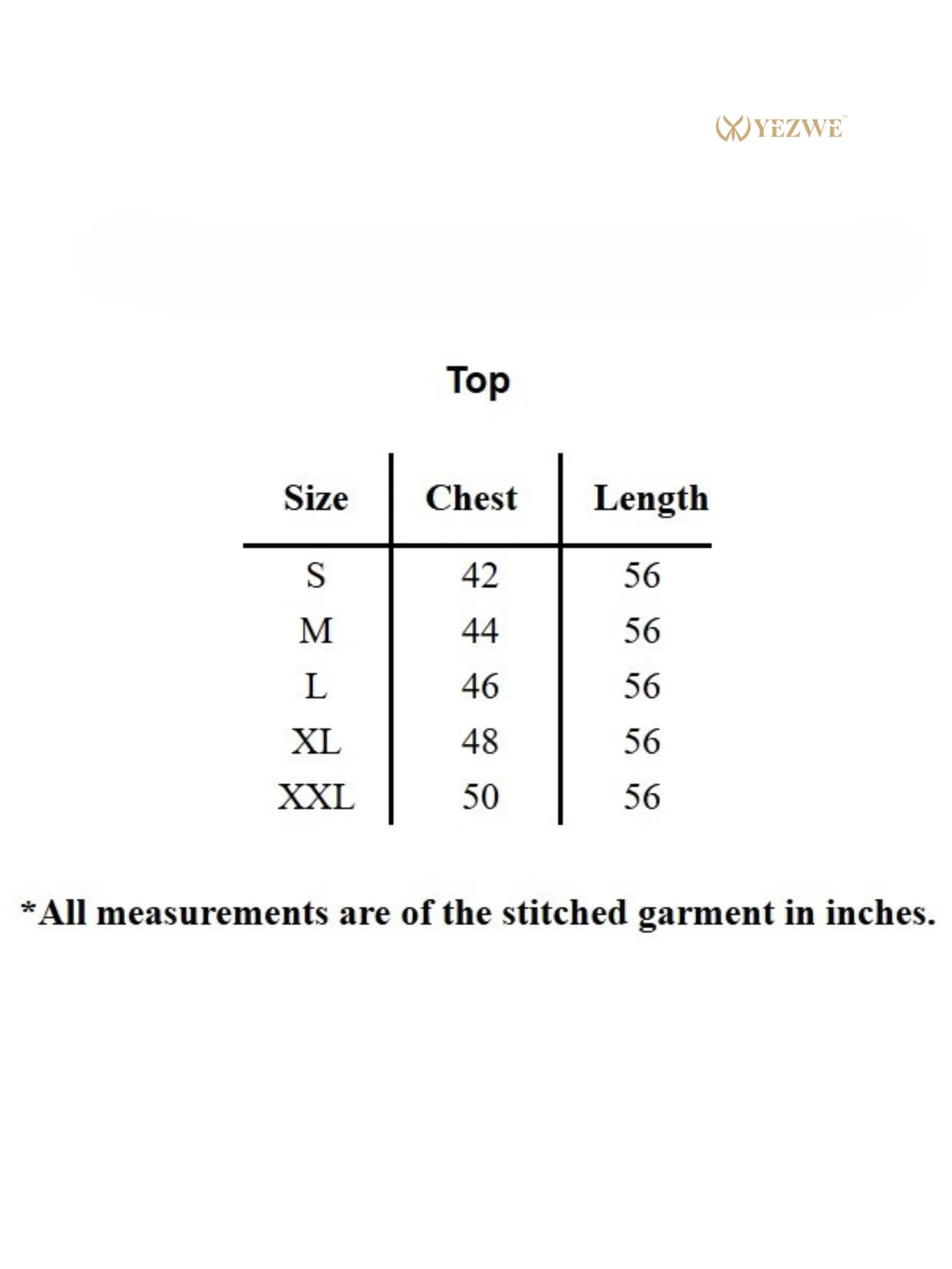 YEZWE Modest Kaftan Dress size chart showing top sizes S to XXL chest 42 to 50 inches length 56 inches stitched garment