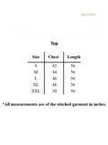 YEZWE Modest Kaftan Dress size chart showing top sizes S to XXL chest 42 to 50 inches length 56 inches stitched garment