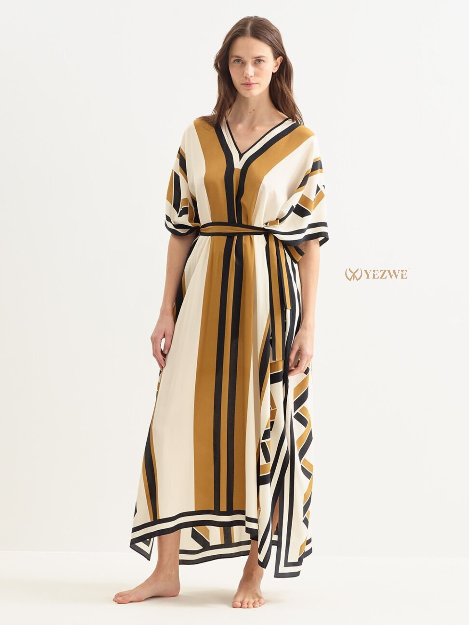 Stylish YEZWE Modest Kaftan with Bold Stripes and a Comfortable Fit for Elegant Looks